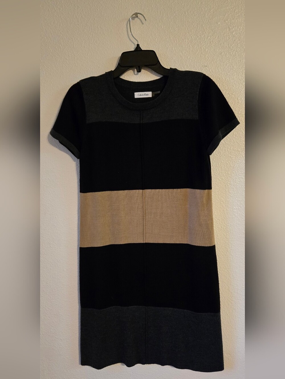 Calvin Klein Black, Charcoal & Tan Colorblock Knit Dress